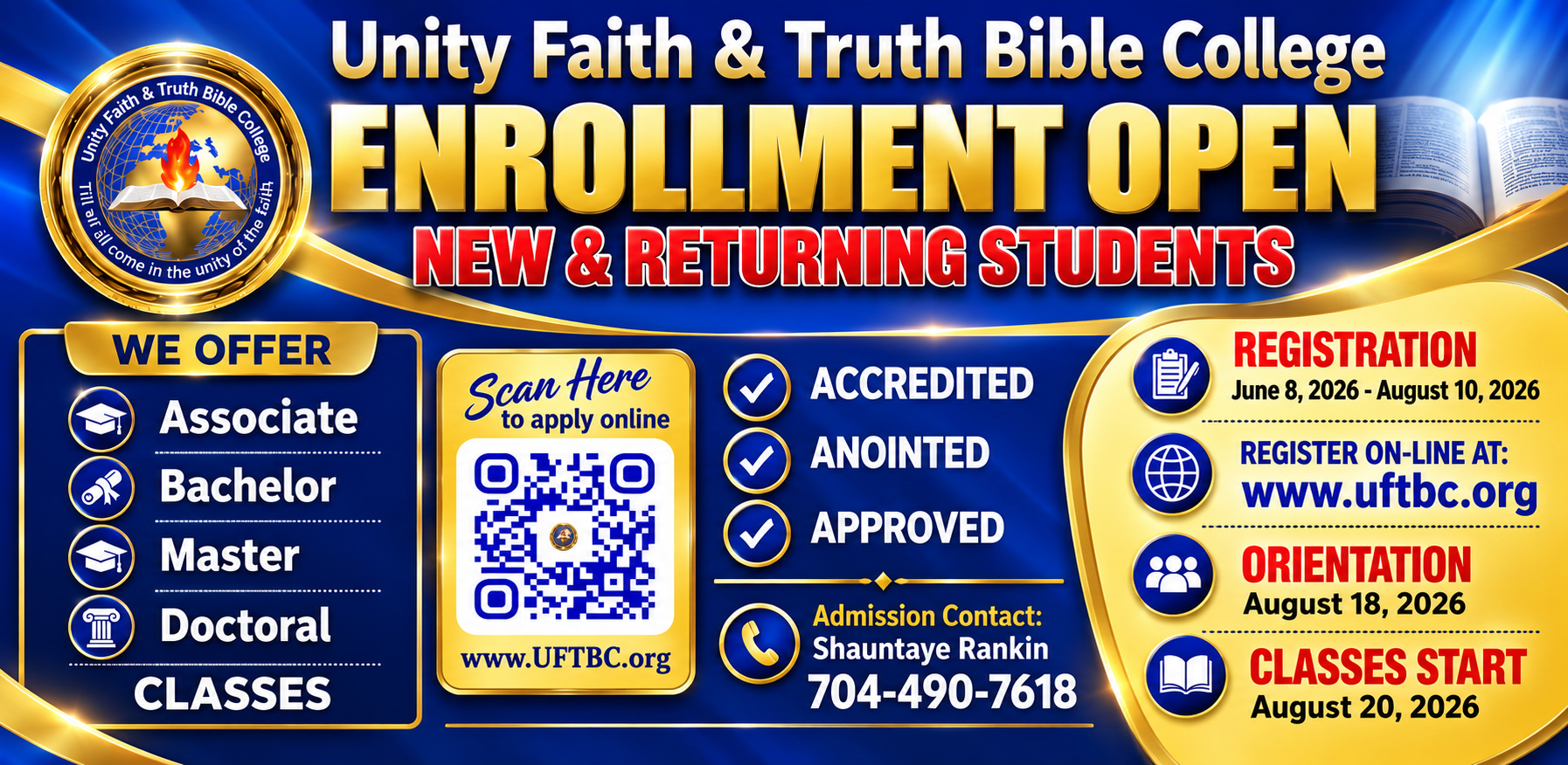 Unity Faith and Truth Bible College Open Enrollment announcement
