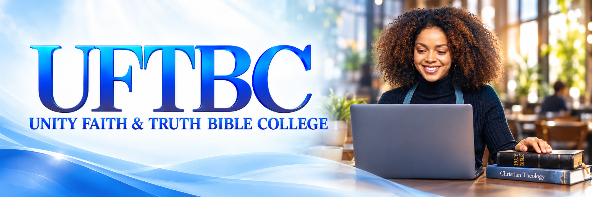 Unity Faith and Truth Bible College banner with a student studying the Bible